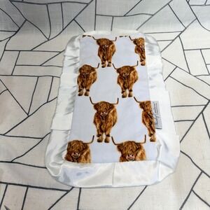 Minky Couture Mini Blanket 13x20 White Highland Cow Print Satin Ruffle Trim